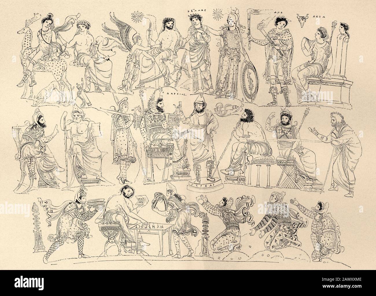 Vase Darius du 3ème siècle av. J.-C.. Scènes dans un vase de Darius i le Grand. Ancien empire persan. Ancienne illustration de gravure du livre Universa Banque D'Images