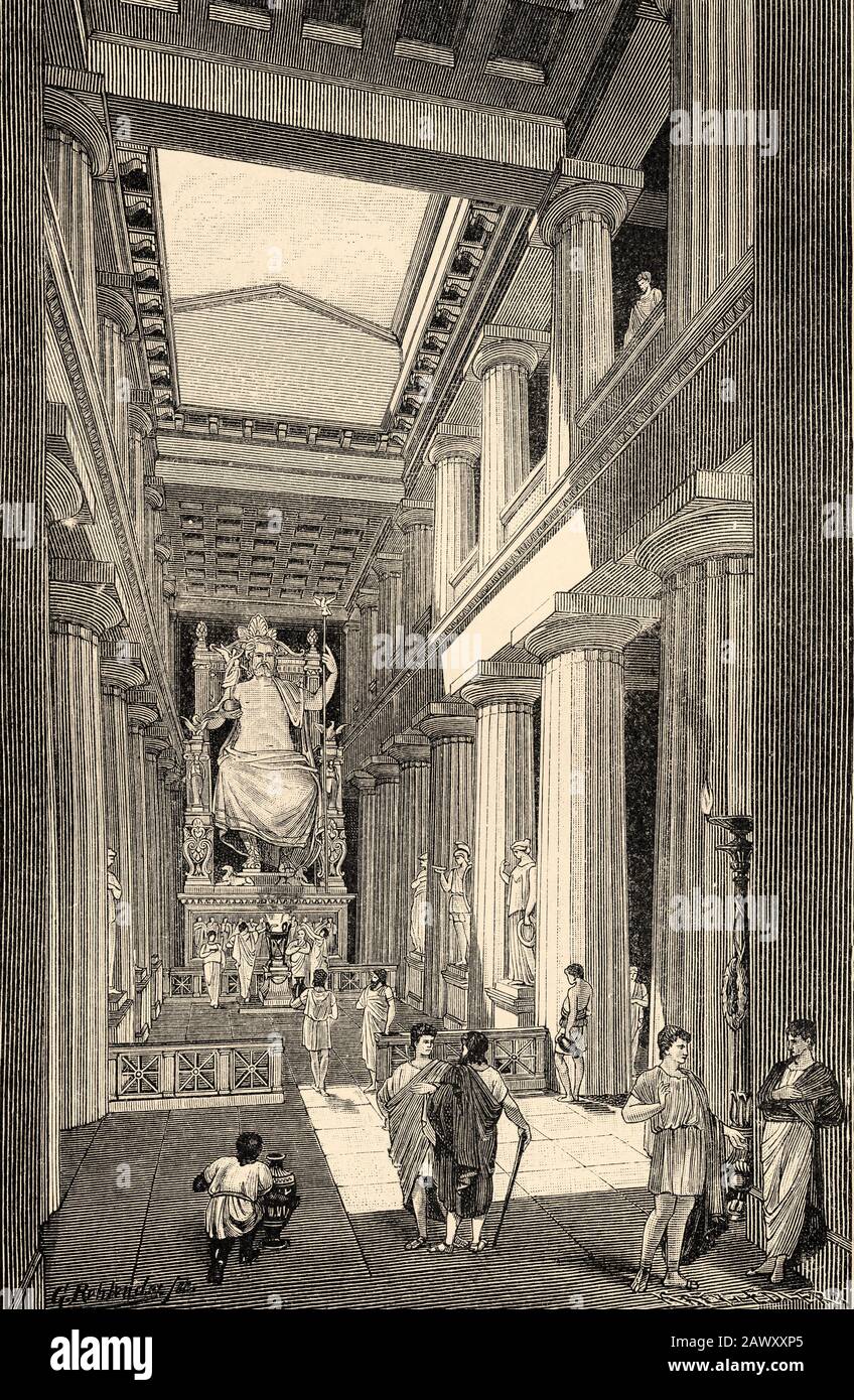 Temple de Zeus avec la statue de Zeus à Olympia. Grèce ancienne histoire. Ancienne illustration de gravure du livre Histoire universelle par Oscar Jager 1 Banque D'Images