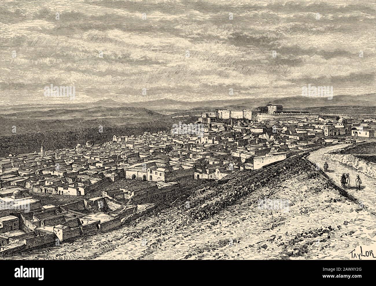 Vue panoramique sur El Kef, en Tunisie. Afrique Du Nord. Ancienne illustration de gravure du livre Nueva Geografia Universal par Eliseo Reclus 1889 Banque D'Images