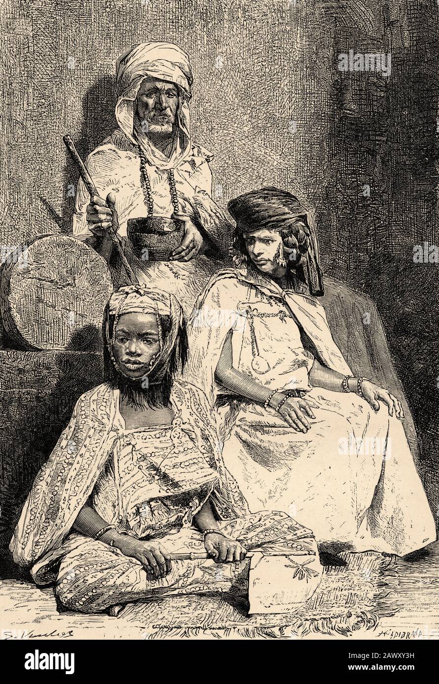 Portrait des femmes arabes mendiantes, Biskra et El-kantra, Algérie. Afrique Du Nord. Ancienne illustration de gravure du livre Nueva Geografia Universa Banque D'Images