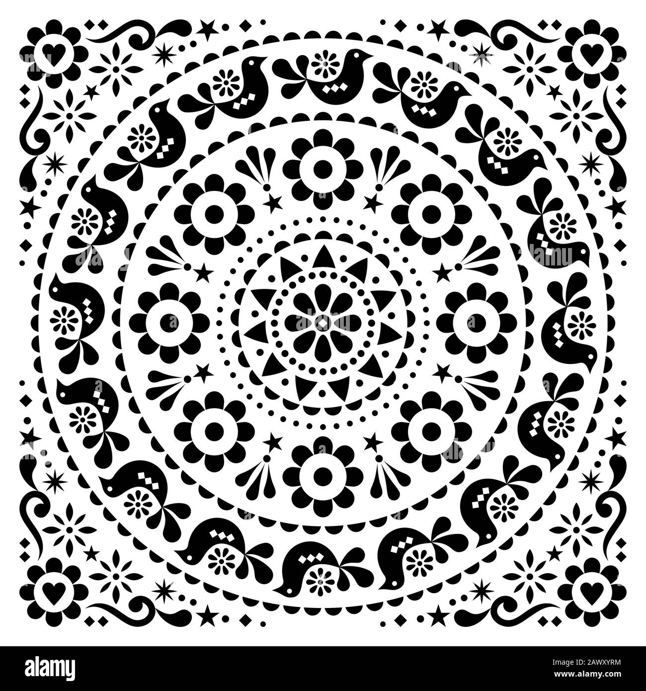 Carte de vœux à vecteur folklorique scandinave ou motif d'atténuation motif mandala floral avec des oiseaux en noir sur fond blanc Illustration de Vecteur