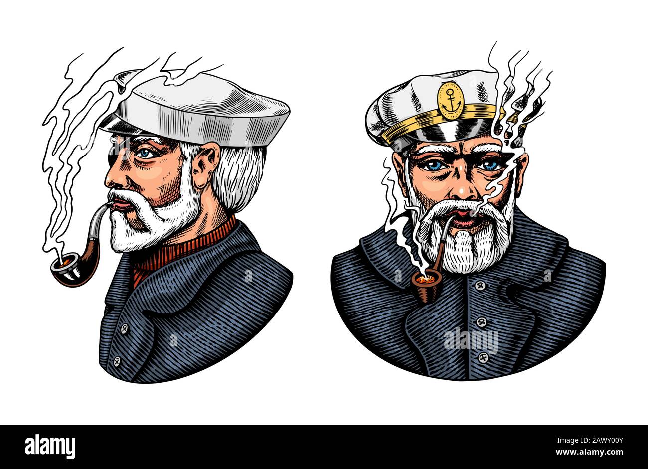Capitaine de mer, marin vieux marin avec pipe ou blouson, marin avec barbe ou marin d'hommes. Voyage en bateau ou en bateau. Main gravée dessinée dans le vieux boho Illustration de Vecteur