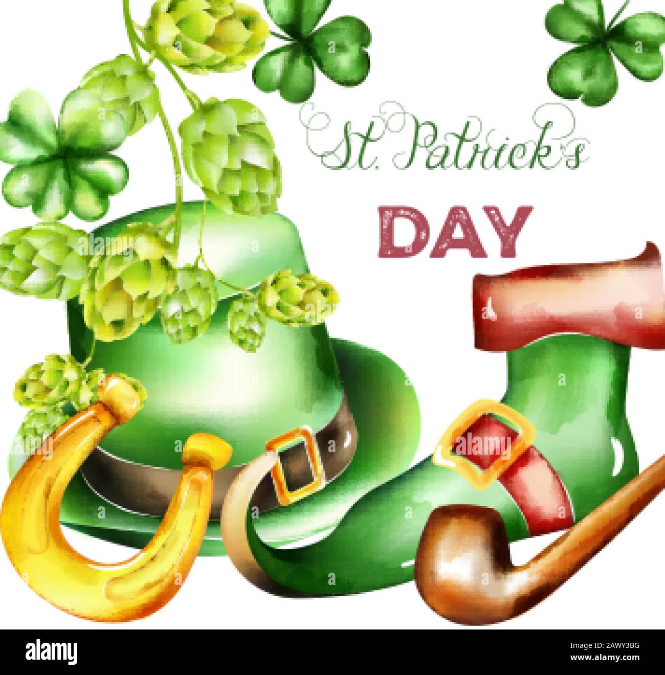Saint Patrick's Day, chapeau vert aquarelle, plate-forme shamrock, artichaut, décorations en forme de fer à cheval doré et bottes en elf. Vecteur De Vacances Illustration de Vecteur