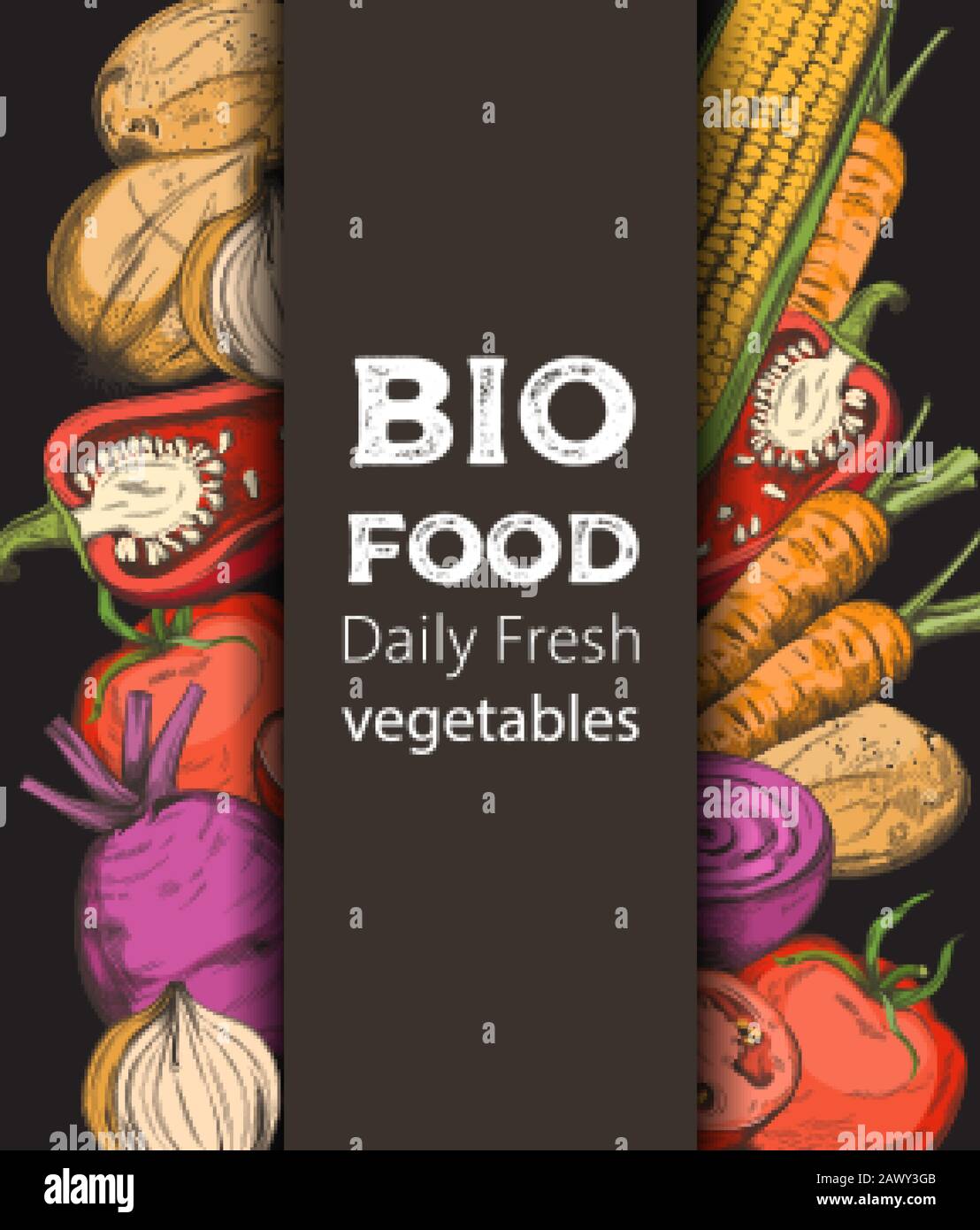 Composition colorée d'art de ligne avec bio-nourriture. Légumes frais, y compris oignon, poivre, carotte, maïs, tomates et pommes de terre. Vecteur de modèle de menu. Illustration de Vecteur