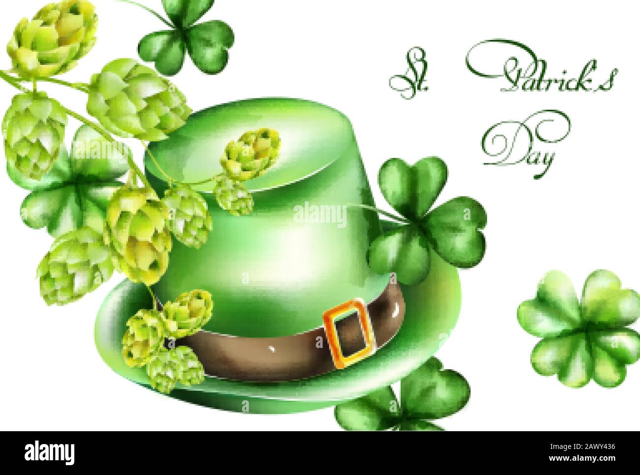 Saint Patrick's Day, chapeau vert aquarelle et plate-forme shamrock, décorations d'artichaut. Vecteur De Vacances Illustration de Vecteur
