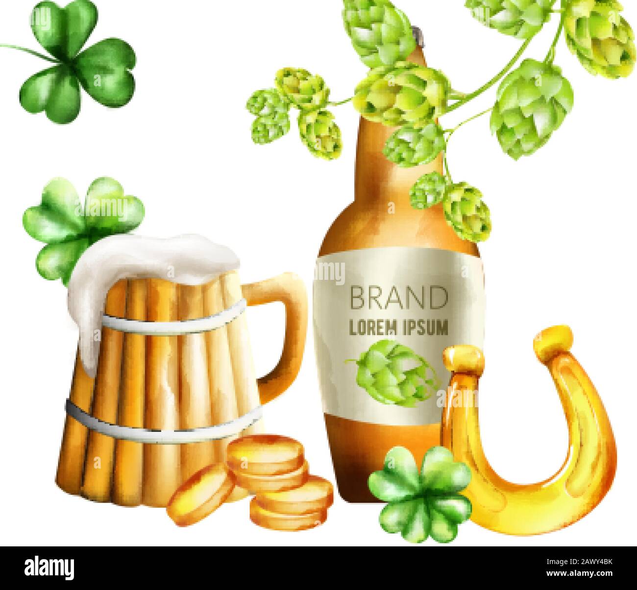 Bouteille de bière en aquarelle avec artichaut vert et décorations shamrock. Mug en bois avec mousse. Pièces d'or et fer à cheval. Vecteur de vacances Illustration de Vecteur