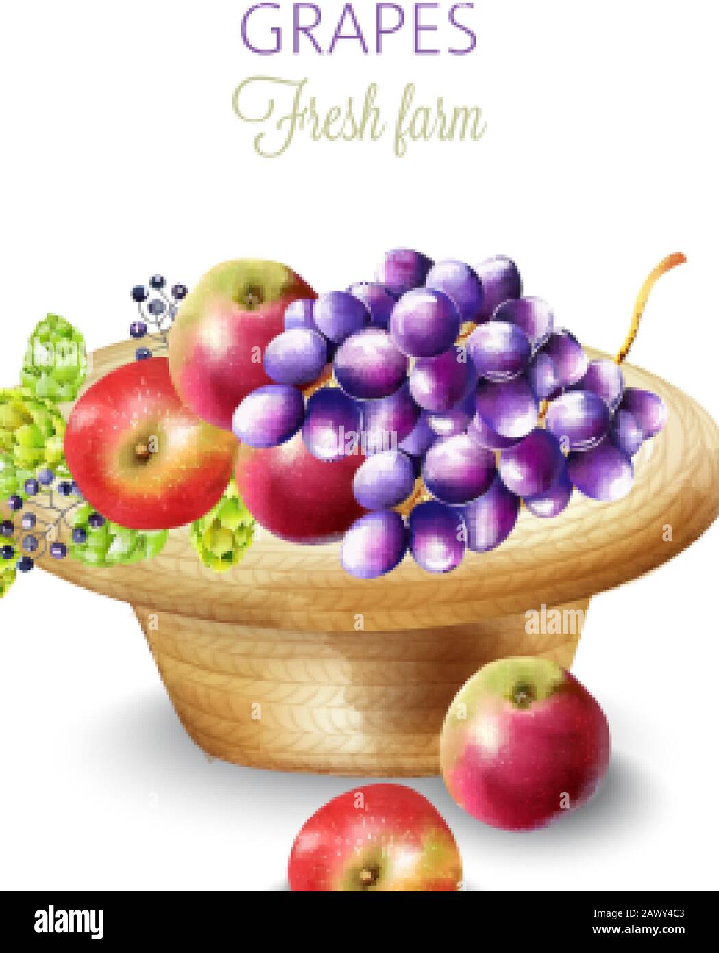 Composition de produits agricoles frais avec raisins, pommes, artichauts et baies dans un chapeau. Vecteur Illustration de Vecteur