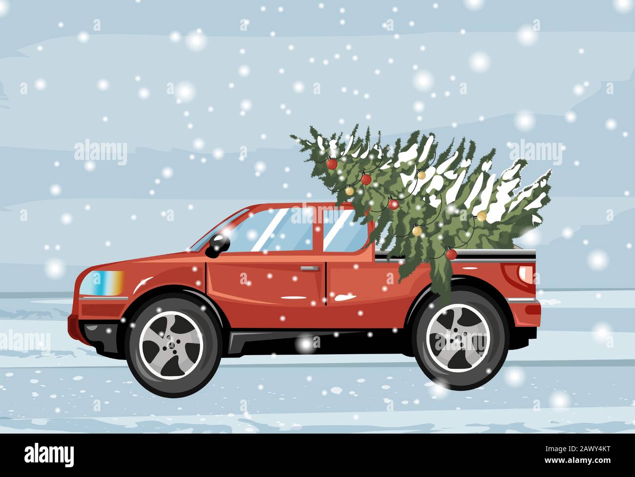 Voiture rouge portant un sapin vert verger recouvert de neige. Blizzard. Vecteur vacances de Noël Illustration de Vecteur