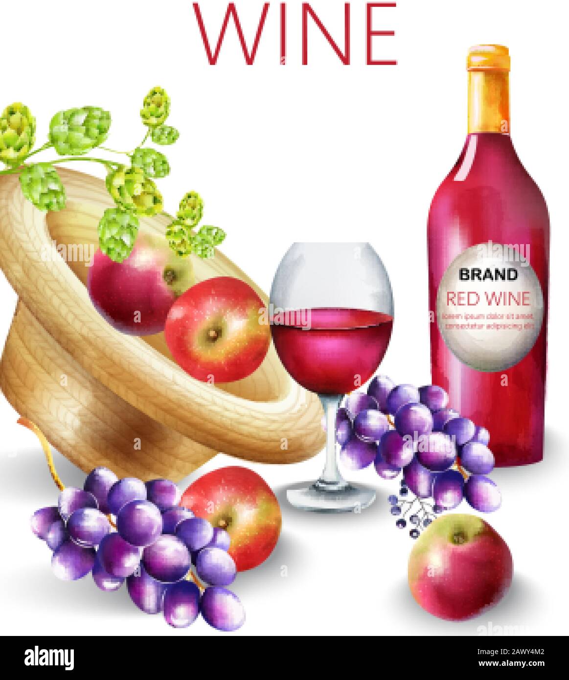 Composition à base de vin rouge d'aquarelle avec bouteille, raisins, pomme, artichaut, baies et verre rempli. Place pour le texte et la marque. Vecteur Illustration de Vecteur