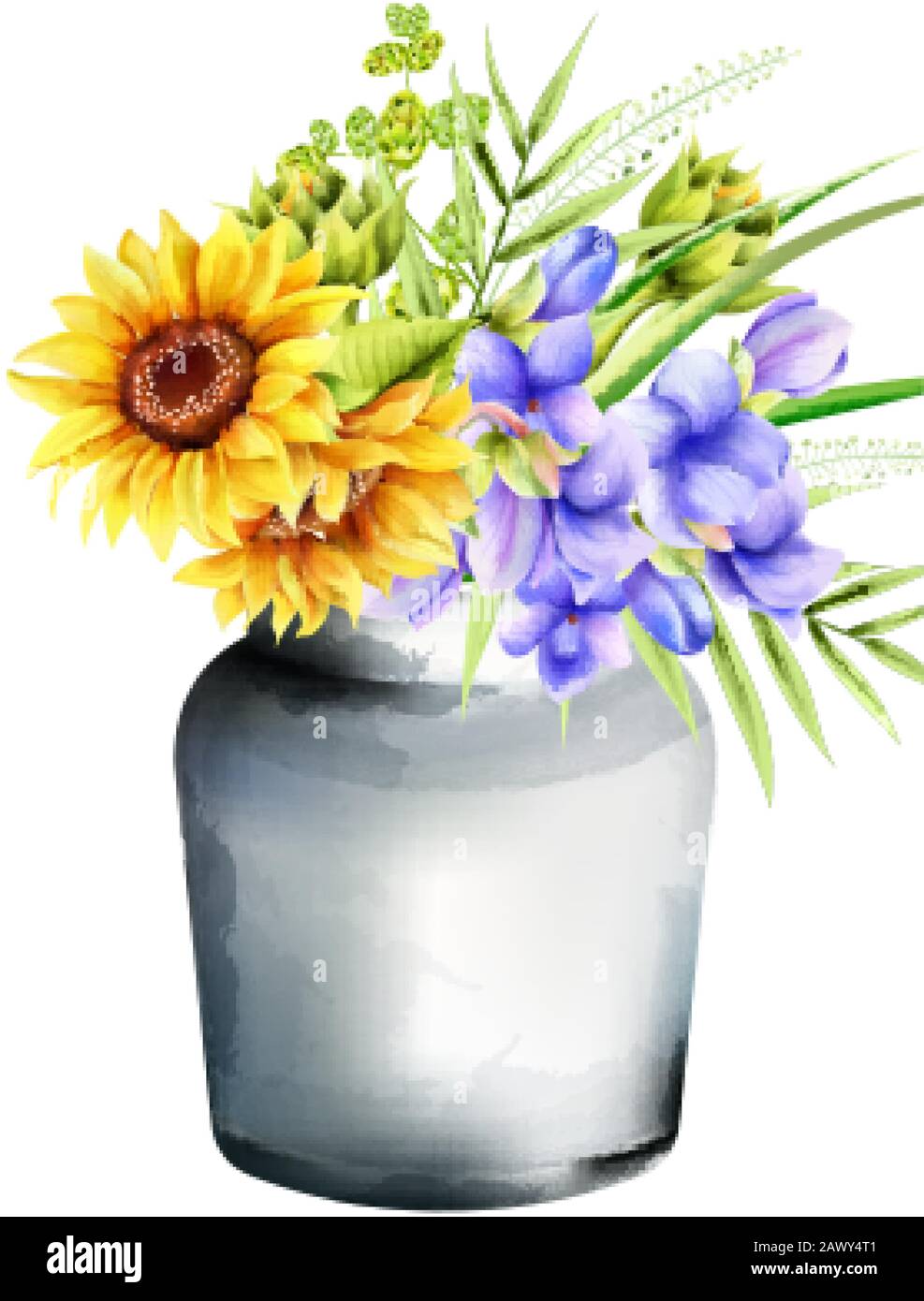 Vase en céramique aquarelle avec tournesols, gloire du matin et artichaut, feuilles vertes. Vecteur de ressort Illustration de Vecteur