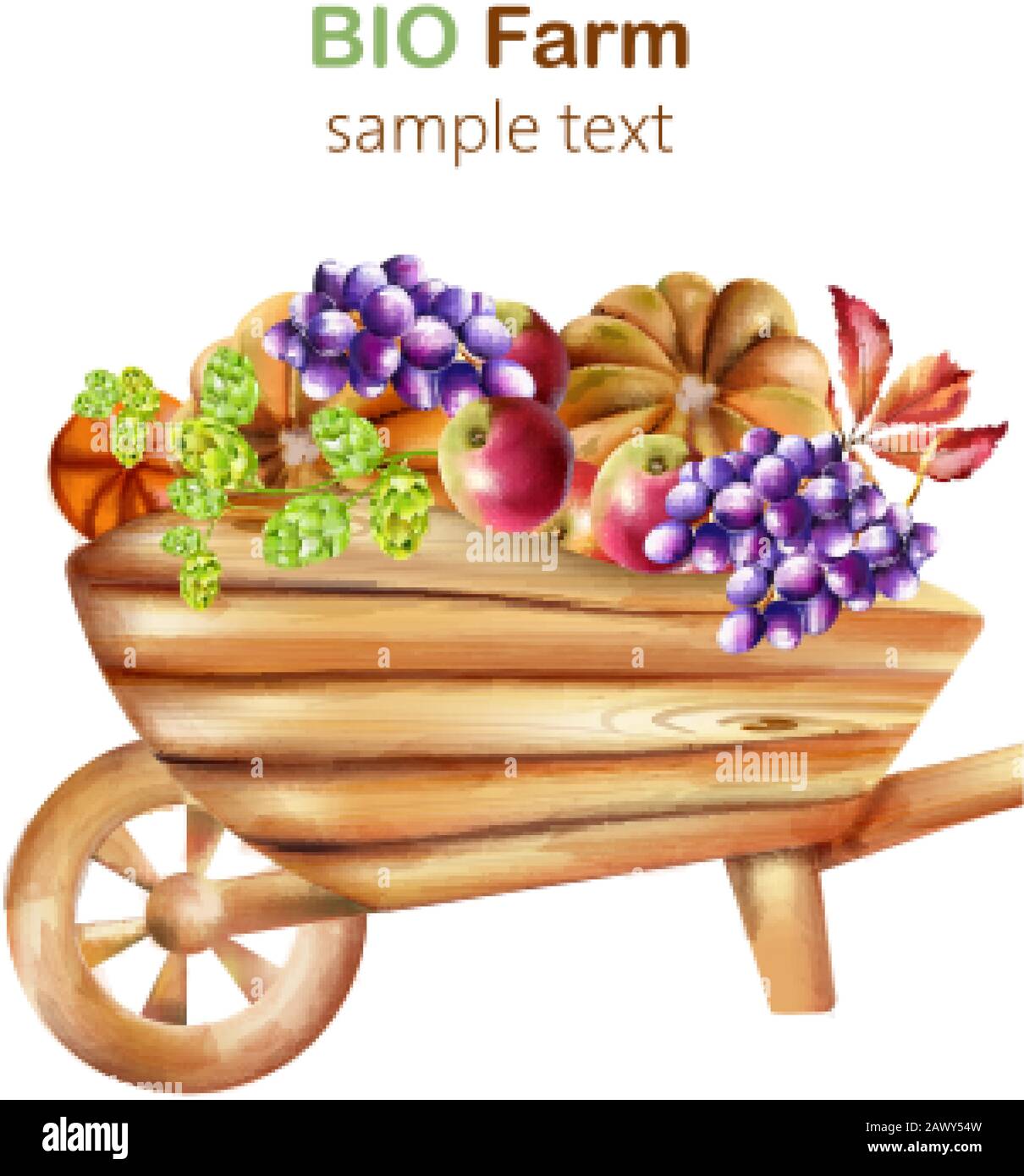 Composition bio de la ferme avec brouette en bois remplie d'artichaut, citrouilles, pommes, raisins et feuilles. Vecteur De Aquarelle Illustration de Vecteur