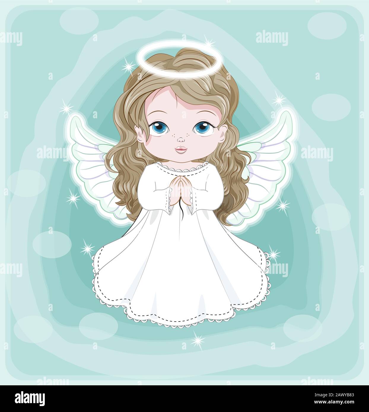 Beau Charmant Petit Bebe Ange En Robe Blanche Photo En Dessin A La Main De Style Cartoon Cute Pour Noel Et Nouvel An Maison De Vacances Carte De Vœux Image Vectorielle Stock