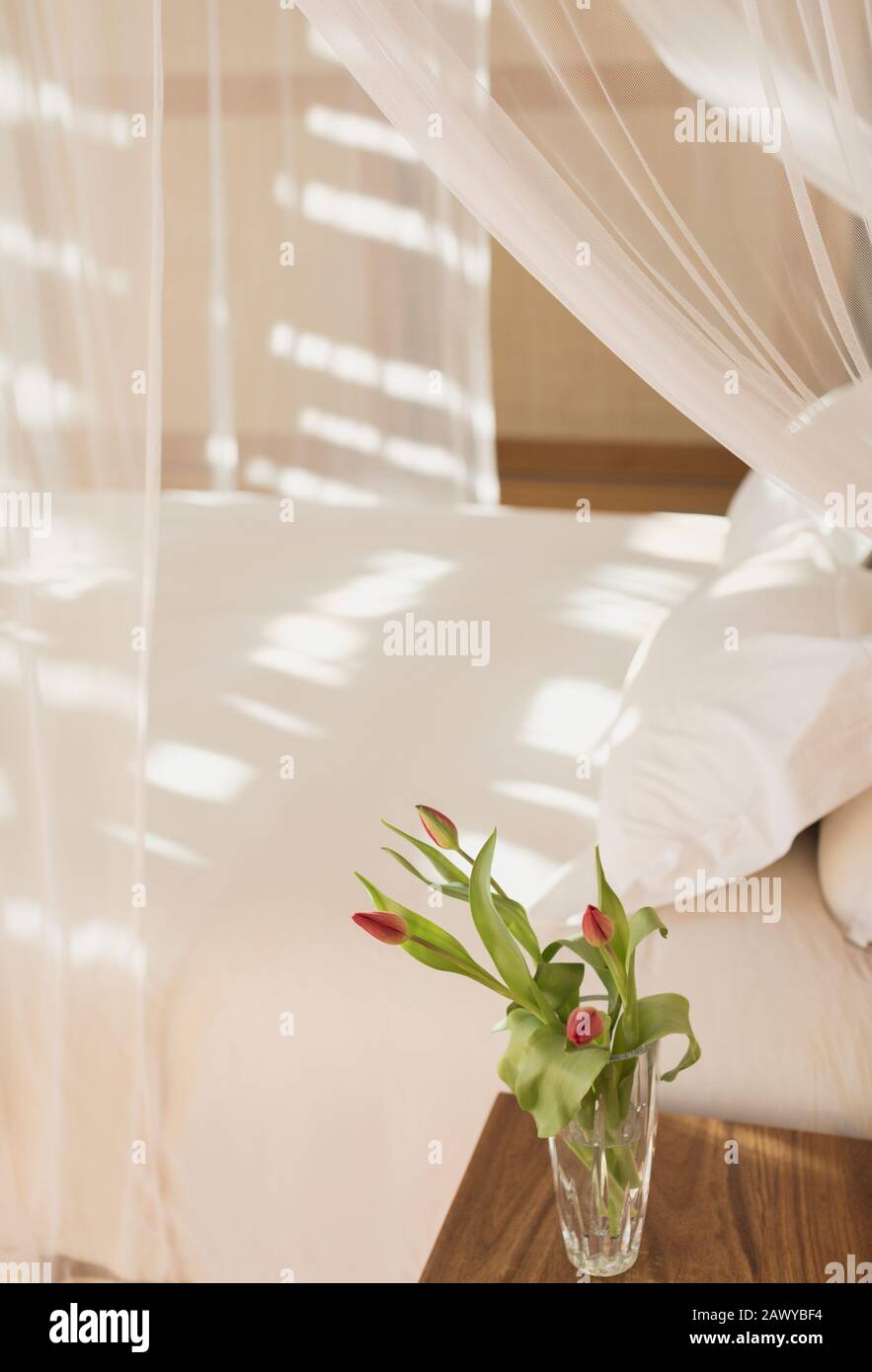 Bouquet de tulipes dans un vase sur une table de chevet à côté d'un lit à baldaquin avec rideaux de gaze dans une maison de luxe moderne et tranquille avec une chambre intérieure Banque D'Images