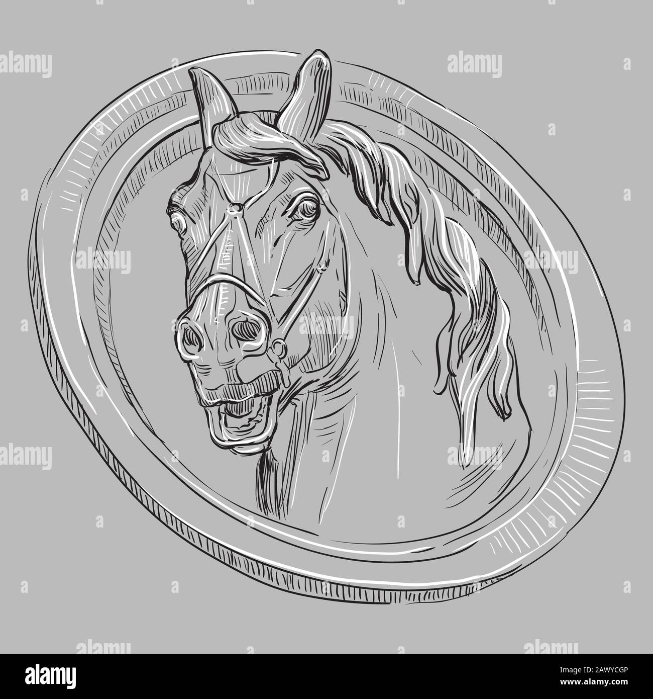 Ancien bas-relief vintage sous la forme d'une tête de cheval, vecteur main dessin illustration en noir et blanc couleurs isolées sur fond gris Illustration de Vecteur