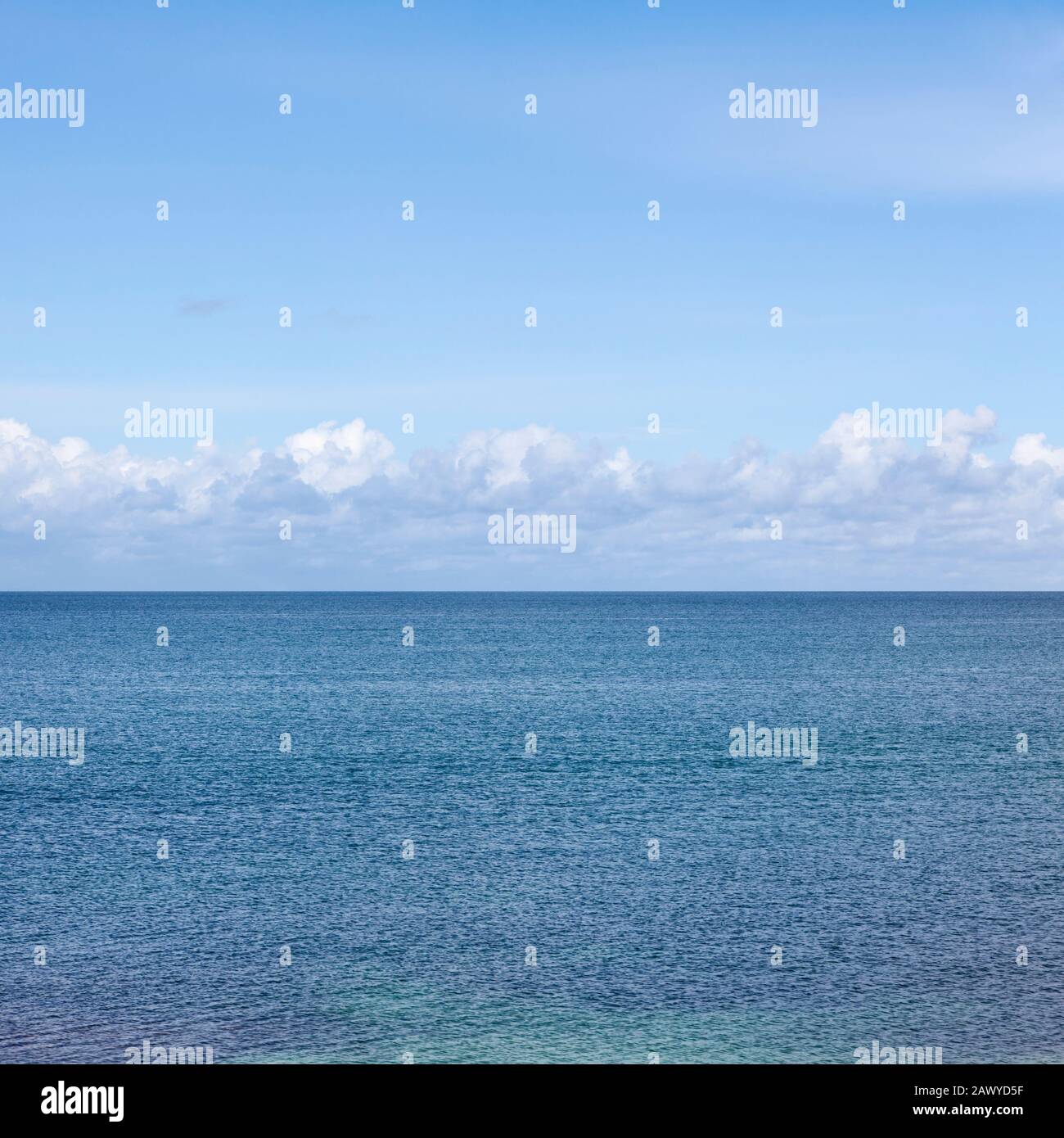 Nuages formant dans le ciel bleu sur un horizon marin Banque D'Images