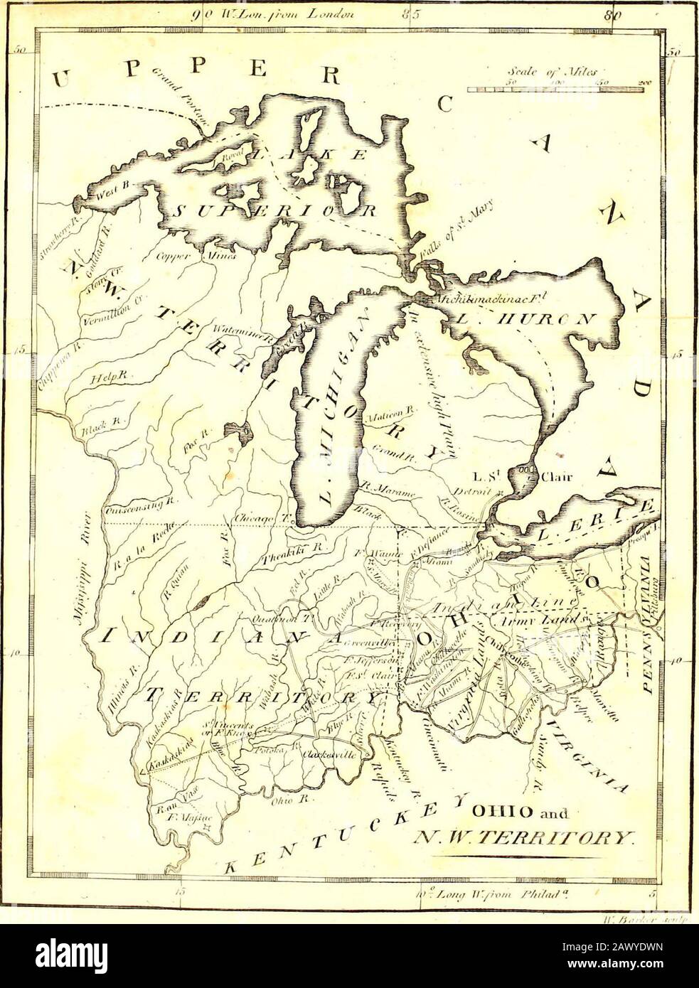 atlas de poche américain de Carey ; contenant vingt cartes..avec une brève description de chaque état, et de la Louisiane: En outre, le recensement des habitants des États-Unis, pour 1801 et les exportations des États-Unis pour dix ans . ian title est éteint, et s'installe sous le gouvernement des États-Unis, est divisé en quatre comtés, à savoir Washington, Hamilton, St. clair, andKnox. Rivières. Le Muskingum est de 250 yards de large à sa confluence avec l'Ohio, et est navigable par de grands batteauxand barges aux Trois Jambes ; et, par de petits, à thélake à sa tête. Il est limité Banque D'Images