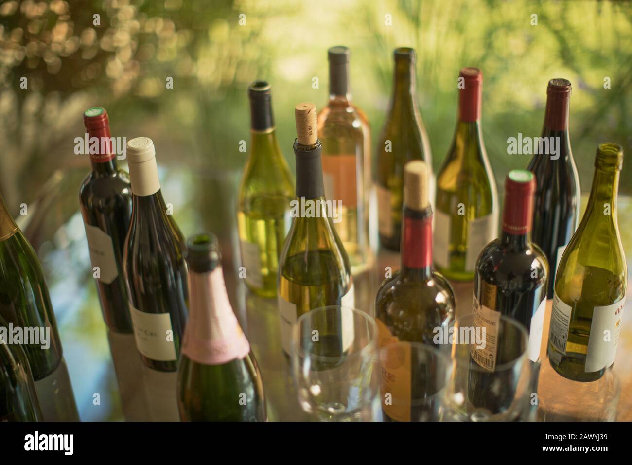 Variété de bouteilles de vin sur la table Banque D'Images
