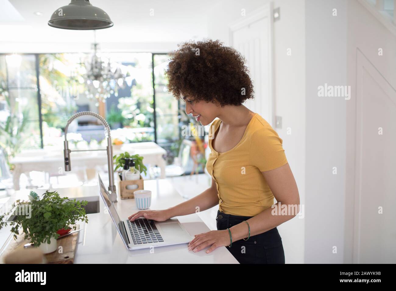 Jeune entrepreneur féminin travaillant sur un ordinateur portable dans la cuisine Banque D'Images