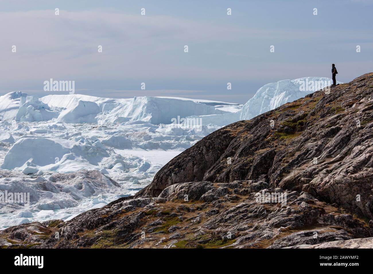 Homme sur des rochers regardant les icebergs polaires Groenland Banque D'Images