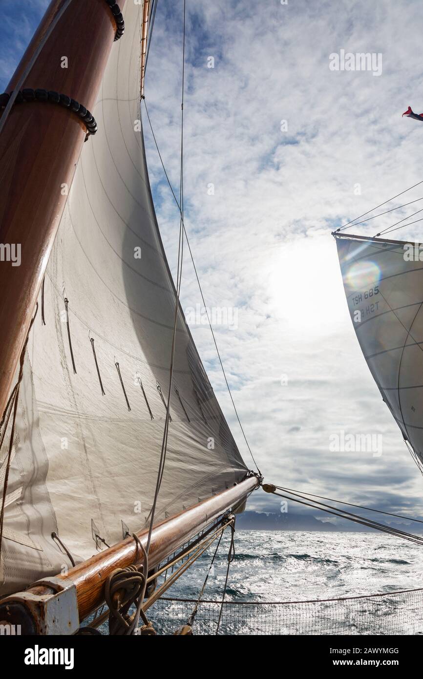 Vent dans les voiles de voilier sur l'océan ensoleillé Banque D'Images