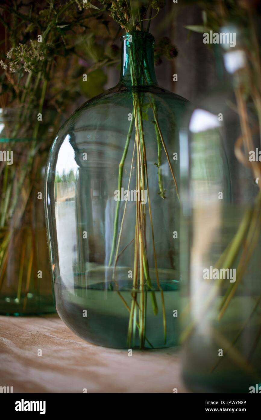 Fleurs rustiques dans vase en verre vert clair Banque D'Images