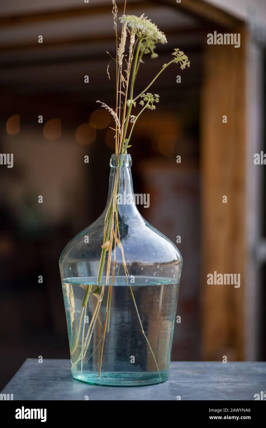 Fleurs rustiques dans vase en verre transparent Banque D'Images