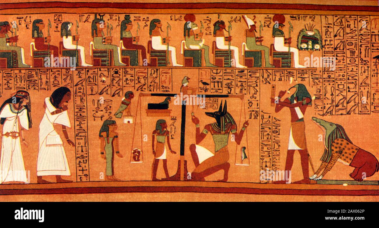 « The Weighing of the Heart », 13ème siècle avant J.-C., (1915). Dans la mythologie égyptienne antique, Maat fait référence aux concepts de vérité, d'équilibre, d'ordre, d'harmonie, de droit, de morale et de justice. Papyrus d'Ani du Livre des morts. ANI et sa femme Tutu sont jugés au cours de l'après-vie. Ammut dévorera l'âme d'Ani s'il est indigne, alors que Thoth se prépare à enregistrer le verdict. De "Les Mythes De L'Egypte Ancienne", Par Lewis Spence. [George G. Harrap &amp; Co., Londres, 1915] Banque D'Images