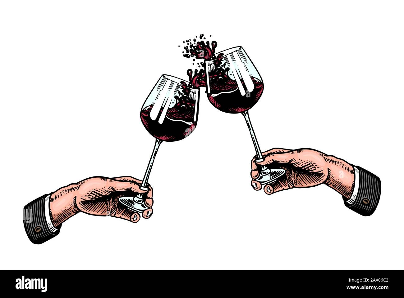 Cheers toasts et verres de vin à la main. Concept de célébration. Boisson alcoolisée au raisin rouge. Badge vintage. Étiquette De Modèle Pour Éclaboussures D'Alcool. Semi Illustration de Vecteur