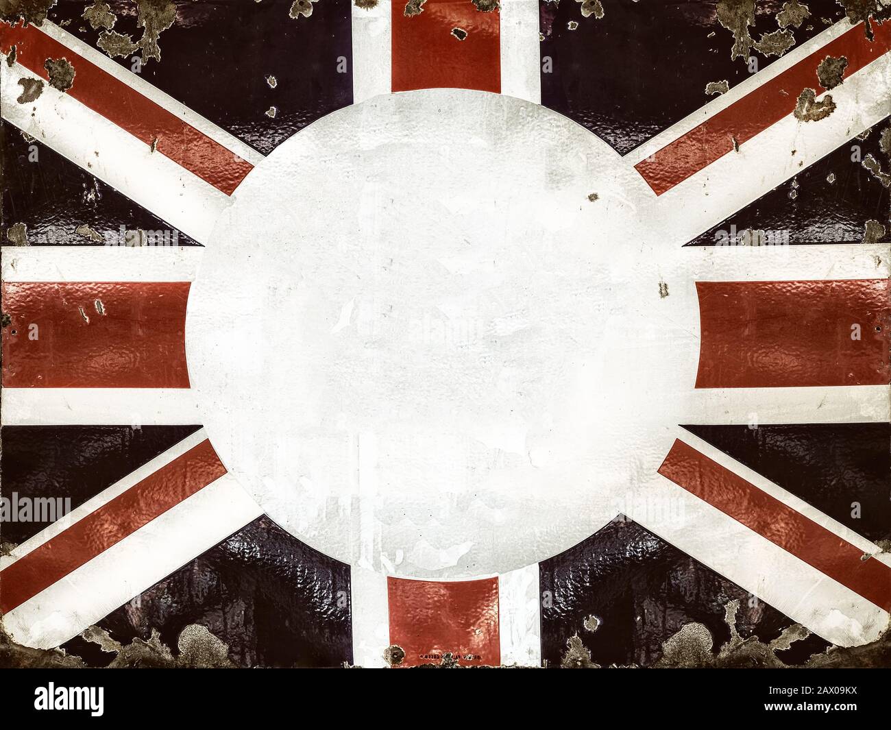 Panneau en métal rouillé avec drapeau anglais avec de la place pour le texte dans le cercle central Banque D'Images