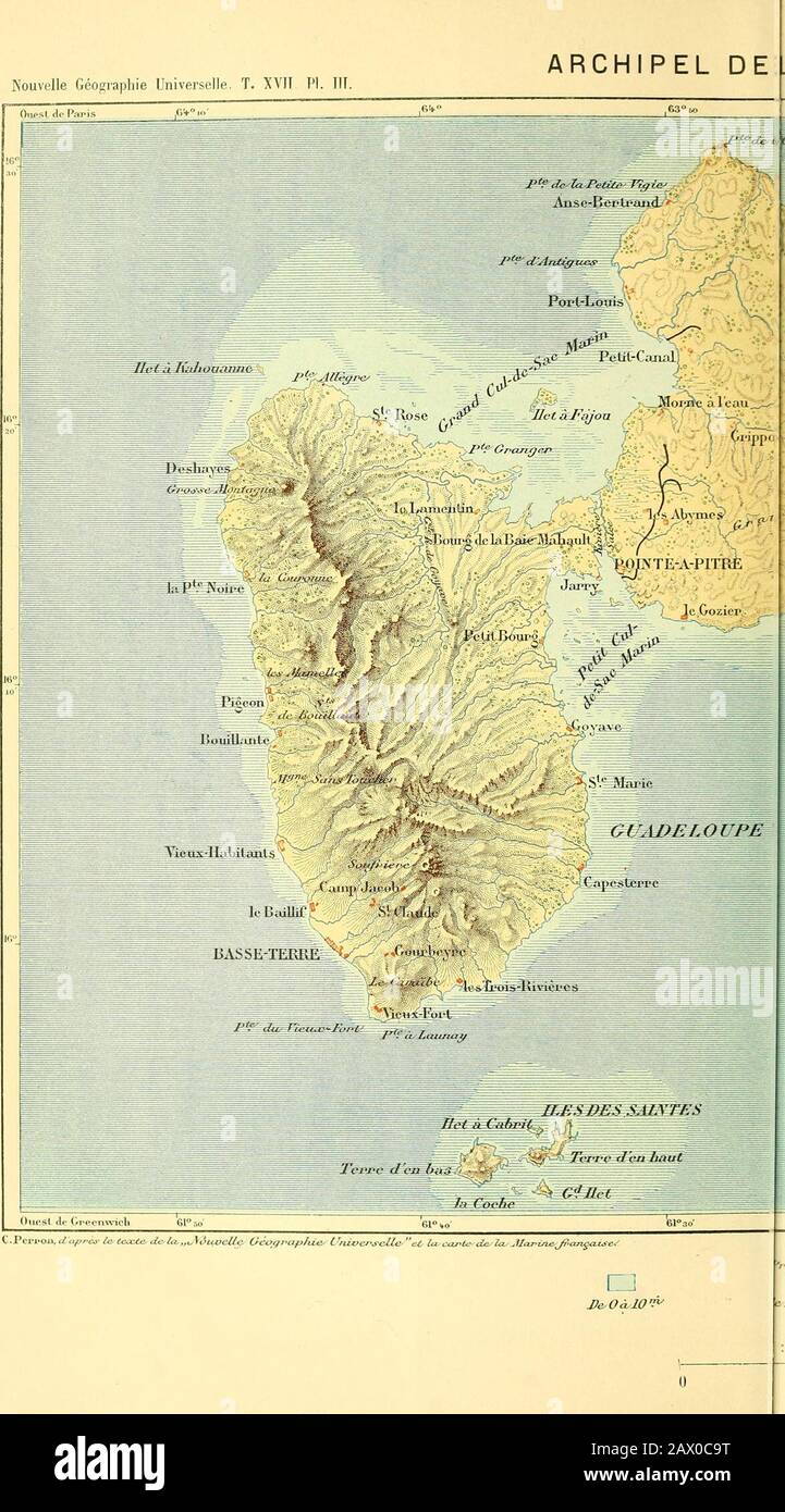 Nouvelle géographie universitaire : la terre et les hommes . Typ A. Lahure Gnuzrà par Erhard. J- ??: 9 o i d&Loo^cb au/delà/ 20 kil. Nouvelle Géographie Universelle. T. XV11 PI. IÏÏ.. GUADELOUPE Banque D'Images