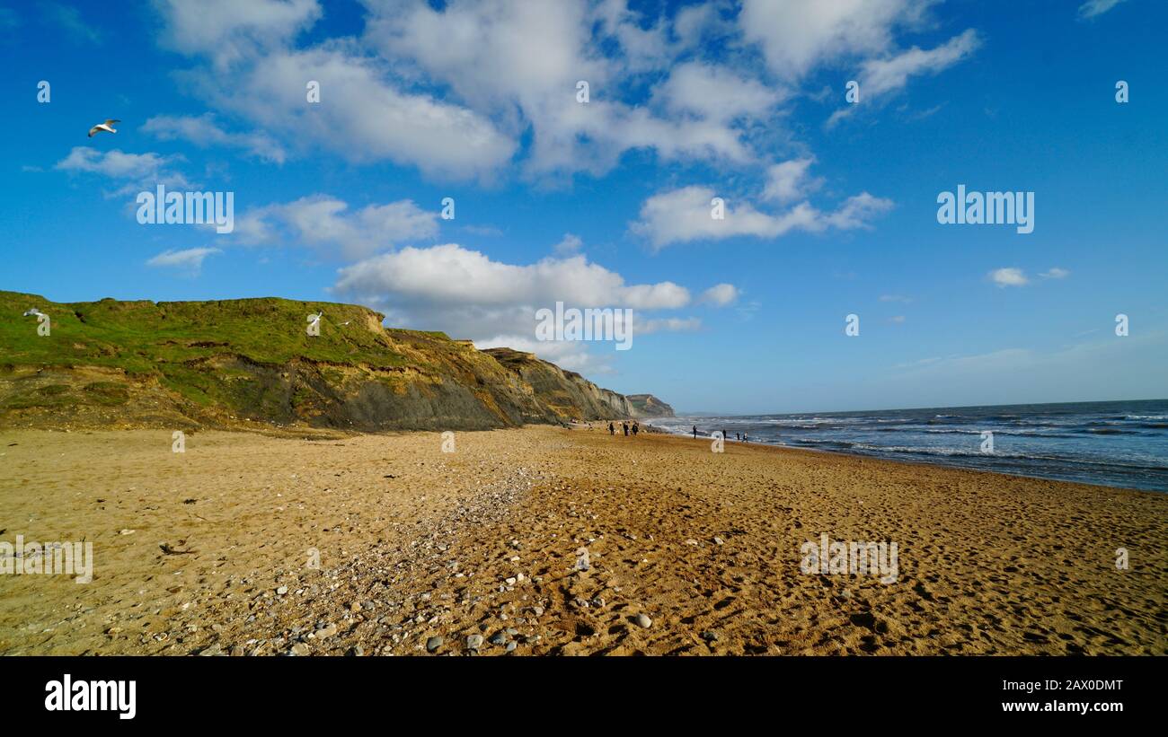 Sable doré sur la plage de Charmouth, Dorset, Angleterre, Royaume-Uni Banque D'Images