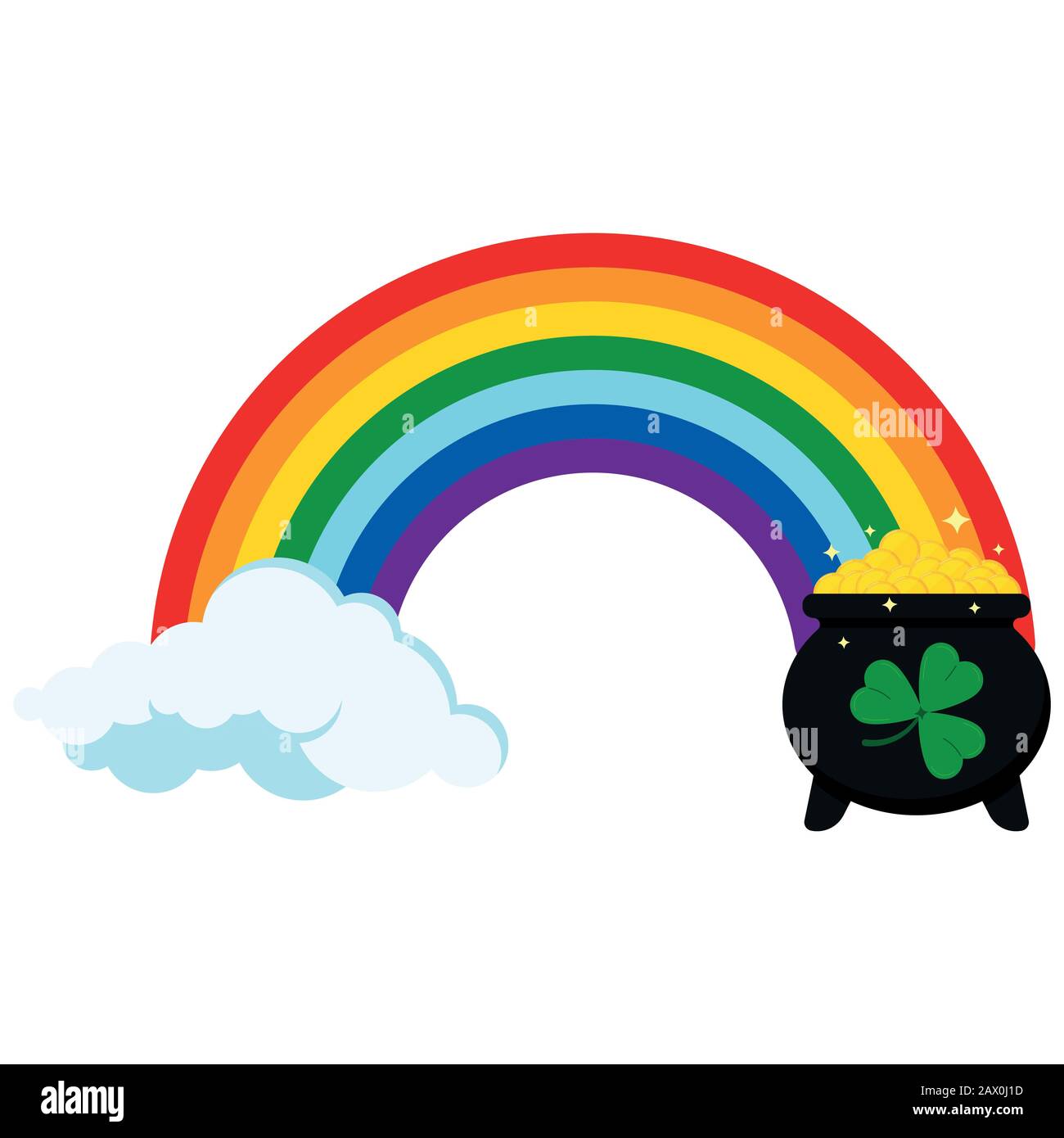 Icône Rainbow avec pot de pièces d'or et nuage aux extrémités isolées sur fond blanc. Illustration de Vecteur