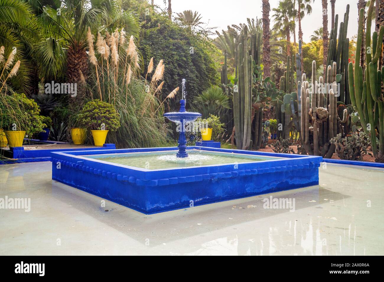 Marrakech, Maroc - 15 janvier 2020 : Magnifique fontaine du jardin Majorelle créée par Yves Saint Laurent Banque D'Images