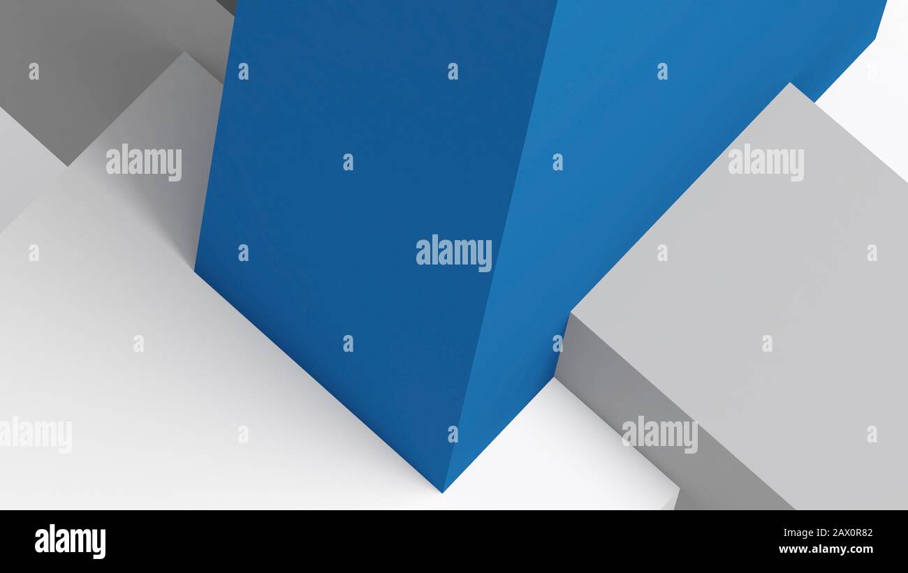 Fond poly bas abstrait avec installation de boîtes blanches, grises et bleues. illustration du rendu 3d Banque D'Images