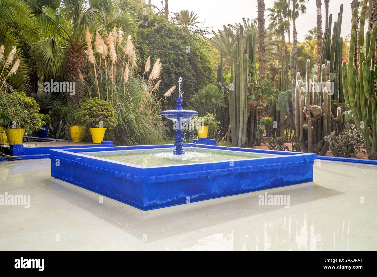 Marrakech, Maroc - 15 janvier 2020 : Magnifique fontaine du jardin Majorelle créée par Yves Saint Laurent Banque D'Images