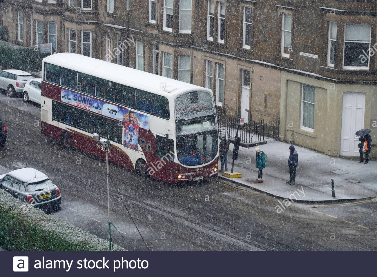 Édimbourg, Écosse, Royaume-Uni. 10 février 2020. Fortes averses de neige affectant le quartier résidentiel du centre-ville d'Edimbourg. Arrêts de bus pour prendre les passagers. Crédit: Craig Brown/Alay Live News Banque D'Images