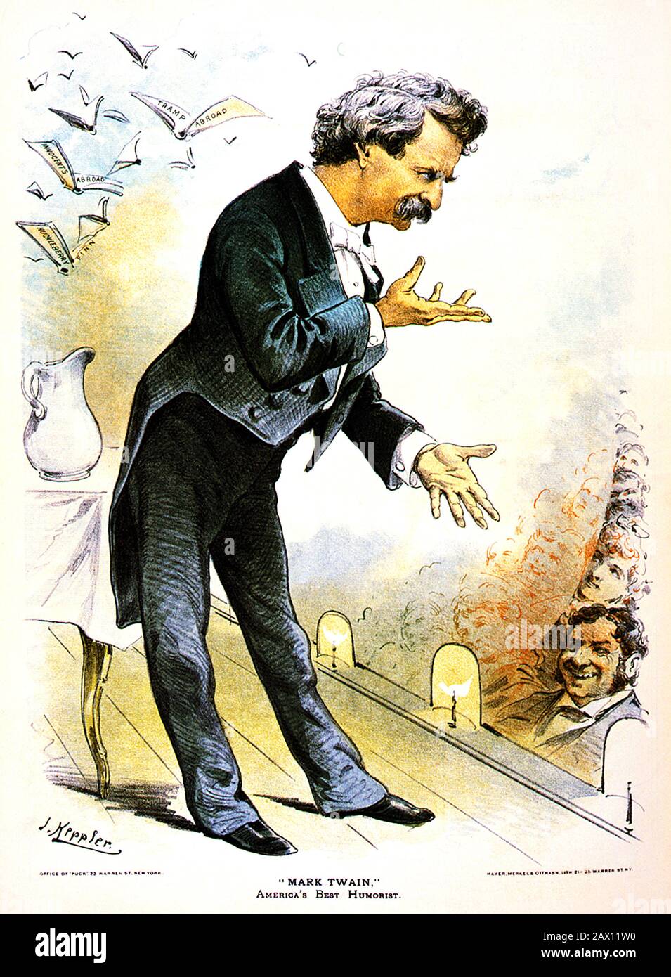 Illustration vintage illustrant l'écrivain et humoriste américain Samuel Langhorne Clemens (1835 – 1910), mieux connu par son nom de plume de Mark Twain, debout sur scène et parlant à un public. L'illustration, de l'artiste Joseph Ferdinand Keppler (1838 – 1894) / lithographe Mayer, Merkel & Ottmann, est apparue dans le magazine Puck le 16 décembre 1885. Banque D'Images