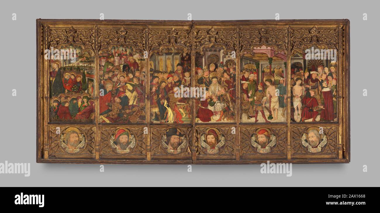 Retable avec scènes de la Passion, deuxième moitié du XVe siècle. De gauche à droite, ils sont : l'Agonie dans le jardin, la trahison, le Christ avant Caiaphas, le Christ Couronné de Thorns, la Flagellation, et le Christ avant Pilate. Banque D'Images