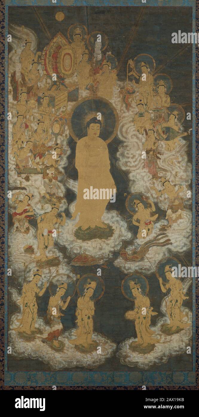 Accueillant Descent d'Amida et Bodhisattvas, fin du XIVe siècle. Les peintures de Raigo illustrent la scène dans laquelle Amida et les préposés descendent du ciel pour ramener un croyant au paradis occidental. Banque D'Images