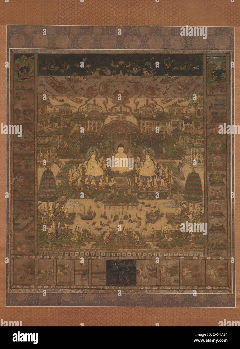 Taima Mandala, probablement à la fin du XIVe siècle. Amida se trouve au centre du mandala, flanqué des bodhisattvas Seishi et Kannon. Autour de cette scène sont des vignettes du Sutra Contemplation qui enseignent à vivre comment atteindre le salut. Banque D'Images