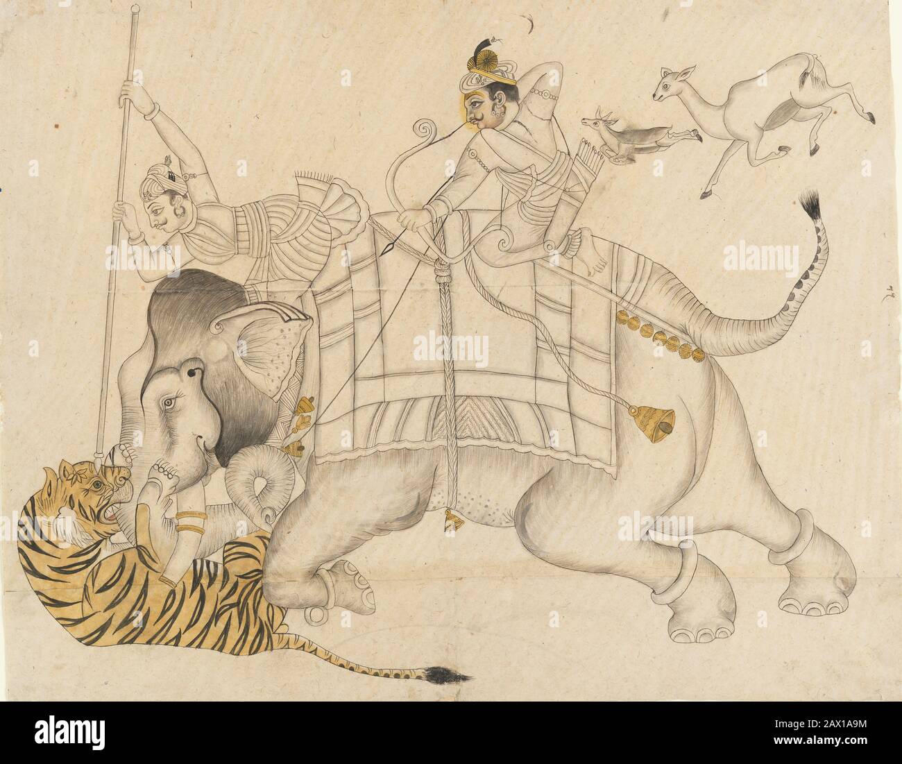 Maharao Shatru Sal II (1866-1989) chasse d'un tigre, CA. 1866-1989. Banque D'Images