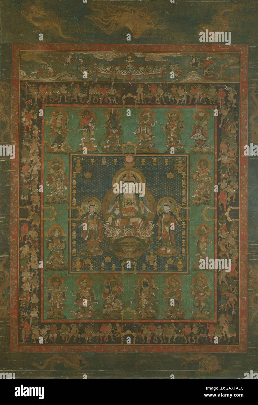 Mandala d'Hannya Bosatsu, XIVe siècle. Bodhisattva Hannya, une émanation de Bouddha Dainichi, incarnant la connaissance ultime et la sagesse parfaite, est assisté par Bonten et Taishakuten. Période de Nanbokucho (1336-92) Banque D'Images