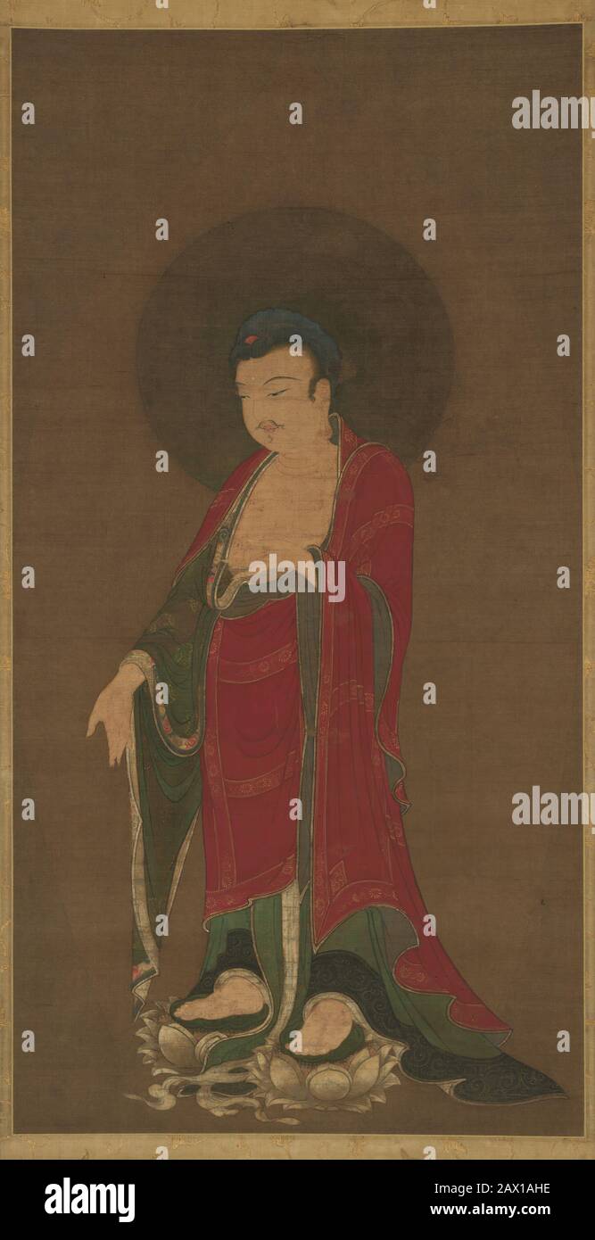 Bouddha Amitabha descendant de Sa Terre Pure, fin du XIIIe siècle. Bouddha se tient sur deux loteries et tient sa main droite dans un geste de bienvenue. Dynastie des chansons du sud (1127-1279) Banque D'Images