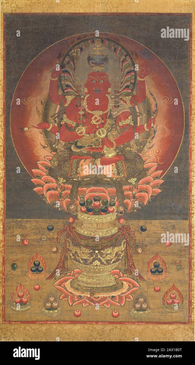 Aizen Myoo, XIVe siècle. Sagesse le roi Aizen Myoo assis sur un trône de lotus, est l'incarnation de la rage, ses six armes brandises armes ésotériques bouddhistes. Période de Nanbokucho (1336-92) Banque D'Images