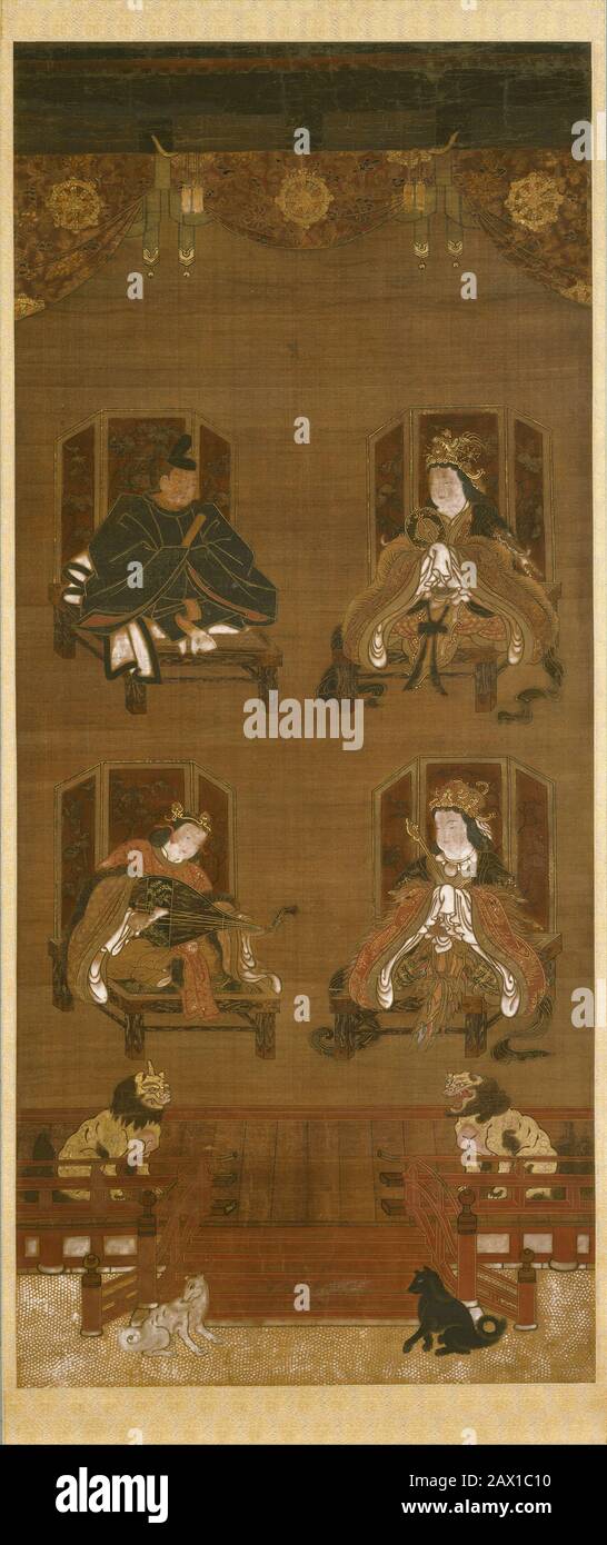 Les Quatre divinités du Complexe du temple de Koyasan, fin du XIVe siècle. Kariba Myojin (homme) et Niu Myojin (femme), avec Kehi et Itsukushima Myojin. Banque D'Images