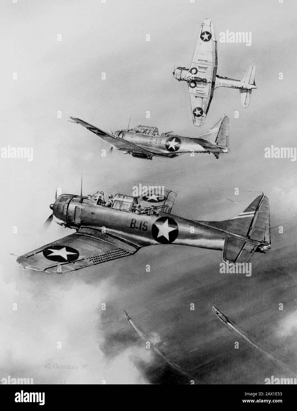 1942 , 6 JUIN , ÉTATS-UNIS : BATAILLE DE MIDWAY . ŒUVRES d'ART en aquarelle du capitaine Robert L. Rasmussen, USN (Ret) au Musée national de l'aviation navale de la Marine américaine . Les bombardiers de plongée Daunless Douglas SBD-3 de la marine américaine commencent leur attaque contre les transporteurs japonais à Midway, le 4 juin 1942. - WORLD WAR II - WWII - SECONDA GUERRA MONDIALE - foto storiche storica - PHOTOS D'HISTOIRE - Stati Uniti d'Amérique - bombardement - nef - Marina - Navy - mare - Sea - attaco aereo - USA - GIAPPONE - GUERRA DEL PACIFICO - OCEANO - OCEAN PACIFIC - BATTAGLIA - BATAILLE - aéroplano - Îles - atoll Midway - la bataille de Mid Banque D'Images