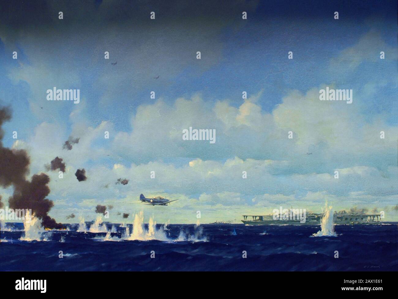 1942 , 4 JUIN , ÉTATS-UNIS : BATAILLE DE MIDWAY . Œuvres d'art par E.S. Smith. Peinture représentant un avion torpille de dévastateur Douglas TBD-1 de la marine américaine faisant une attaque contre un porte-avions japonais à la bataille de Midway, 4 juin 1942. - WORLD WAR II - WWII - SECONDA GUERRA MONDIALE - foto storiche storica - PHOTOS D'HISTOIRE - Stati Uniti d'Amérique - bombardement - nef - Marina - Navy - mare - Sea - attaco aereo - USA - GIAPPONE - GUERRA DEL PACIFICO - OCEANO - OCEAN PACIFIC - BATTAGLIA - BATAILLE - aéroplano - Îles - Atoll Midway - la bataille de Midway - HAWAY - AVIAZIONE - portaerei ---- ARCHE Banque D'Images