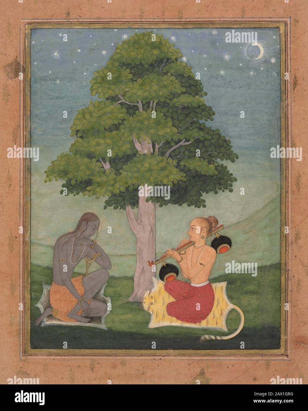 Kedar Ragini: Folio d'une série ragamala (Garland of Musical modes) , CA. 1690-95. L'écoute ascétique d'un disciple jouant la rudra vina. Banque D'Images