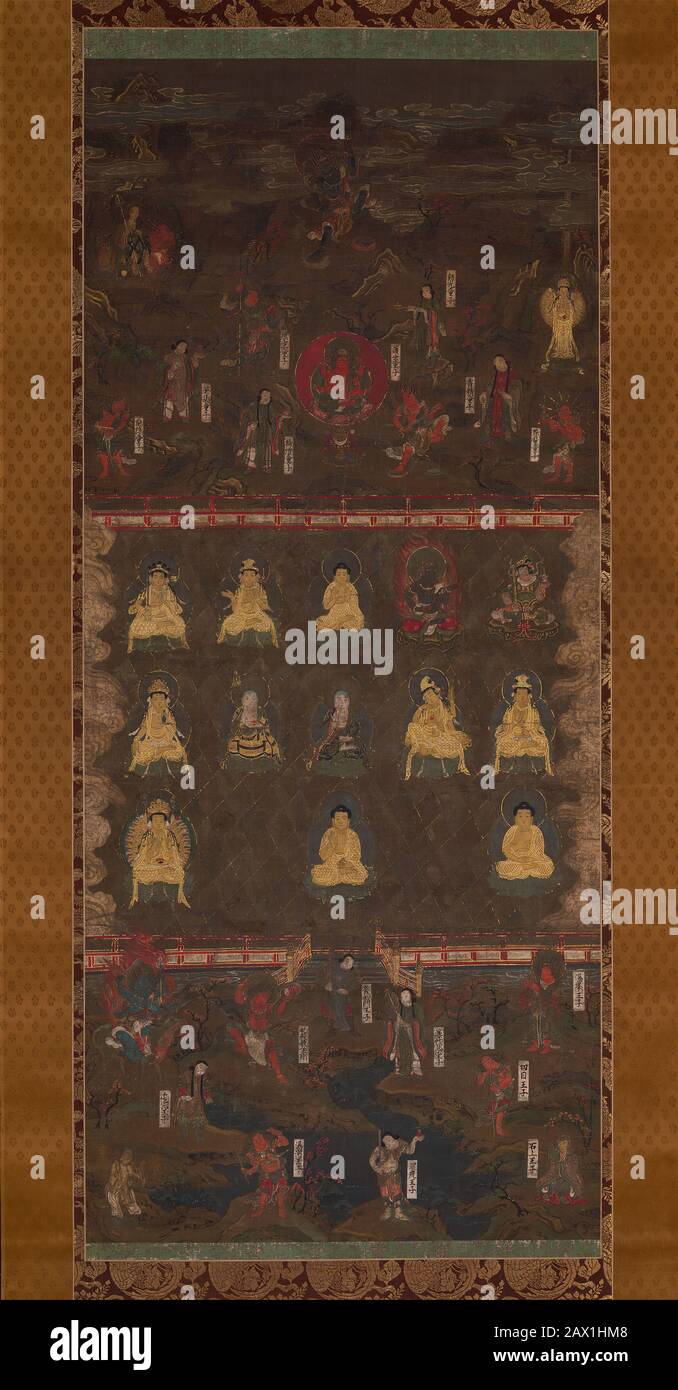 Sanctuaire de Kumano Mandala, début du XIVe siècle. Bouddhas et bodhisattvas s'assoient avec les déités de Shinto contre les montagnes. Période de Nanbokucho (1336-92) Banque D'Images