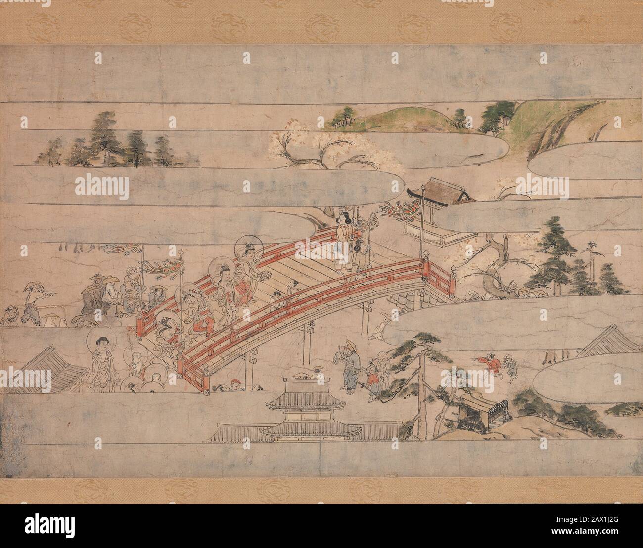La scène finale d'UN long Tale pour une nuit d'automne (Aki no yonaga monogatari), CA. 1400. Une procession de bodhisattvas, traversez un pont pour accueillir les âmes et les guider vers le paradis avec la musique et la chanson. Banque D'Images
